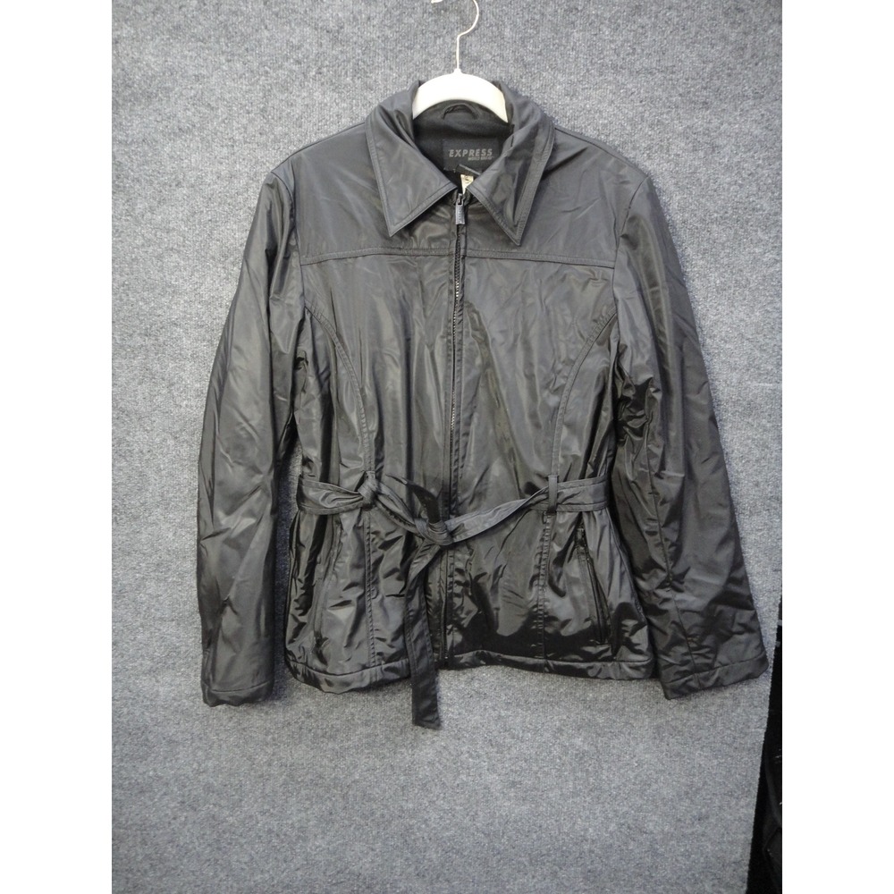 Express World Brand Women's Black Belted Fleece Lined Zip Up Jacket Size M VTG